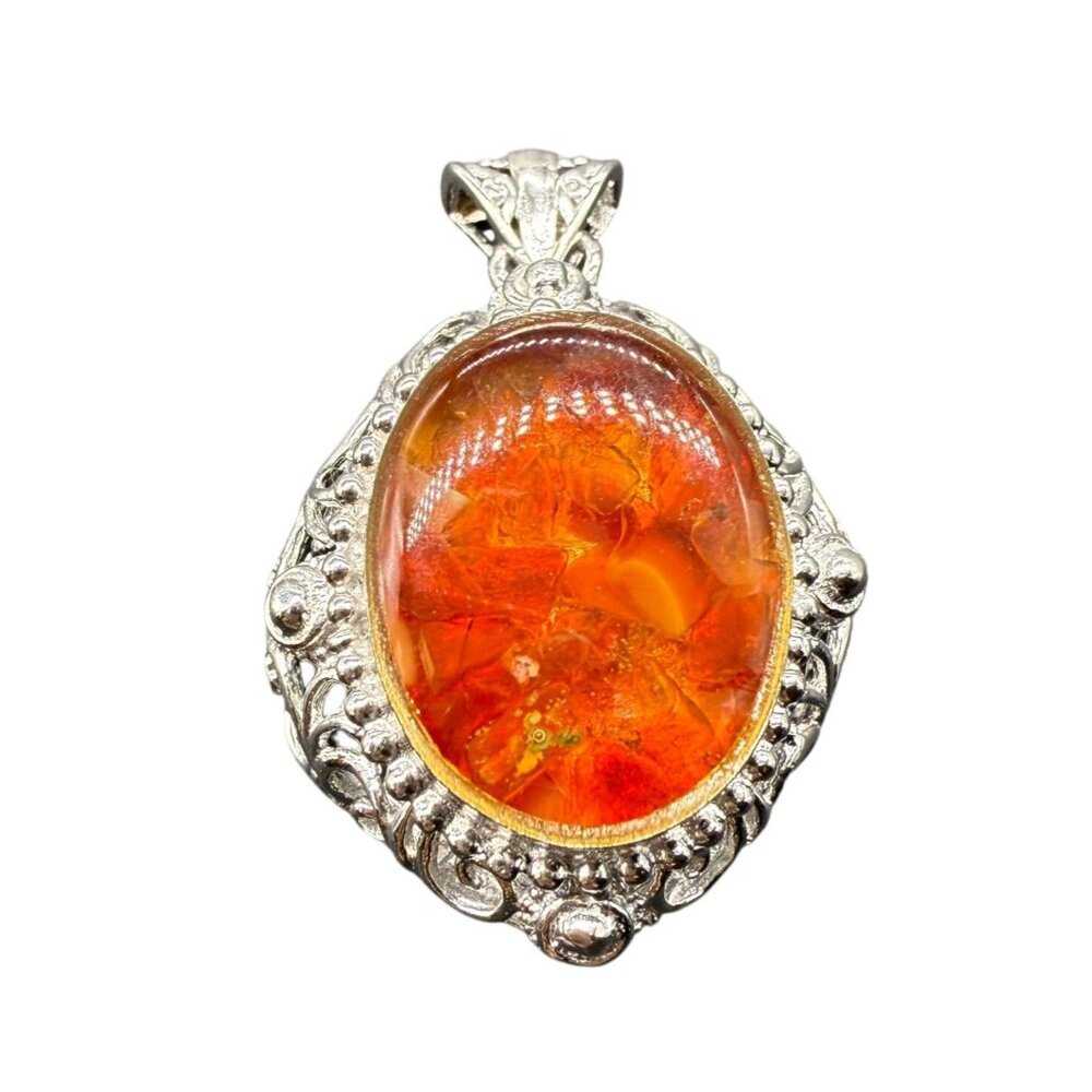 STS Karis Baltic Amber Filigree Pendant Silver Tone Ethnic Boho Ethnic